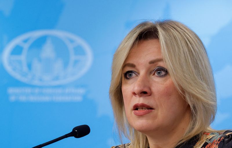 © Reuters. FILE PHOTO: Russian Foreign Ministry spokeswoman Maria Zakharova speaks during a news conference in Moscow, Russia, April 4, 2023. REUTERS/Maxim Shemetov/File Photo