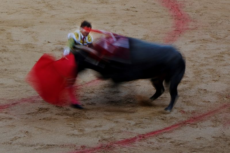 &copy; Reuters. مصارع ثيران يتعرض للنطح ​أثناء مصارعة الثيران في بامبلونا بإسبانيا في الثامن من يوليو تموز 2023. تصوير: سوزانا بيرا - رويترز