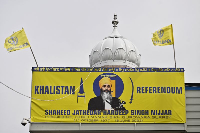 &copy; Reuters. A banner is hanged at Guru Nanak Sikh Gurdwara, site of the 2023 murder of Sikh separatist leader Hardeep Singh Nijjar, in Surrey, British Columbia, Canada May 3, 2024.  REUTERS/Jennifer Gauthier