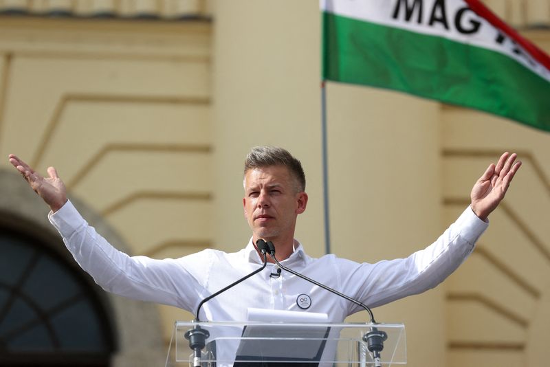 &copy; Reuters. Peter Magyar, former government insider and leader of the Respect and Freedom (TISZA) Party, gestures during an anti-government protest in Debrecen, Hungary, May 5, 2024. REUTERS/Bernadett Szabo