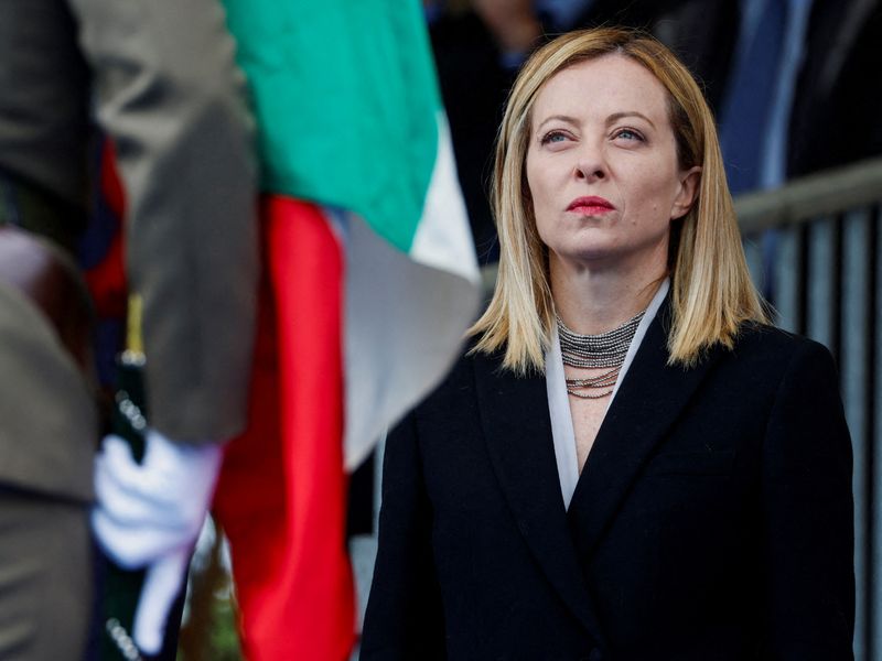 &copy; Reuters. FILE PHOTO: Italy's Prime Minister Giorgia Meloni looks on as she attends a ceremony to mark the 163rd anniversary of the Italian Army, in Rome, Italy, May 3, 2024. REUTERS/Remo Casilli/File Photo