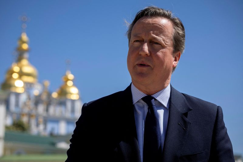 &copy; Reuters. FILE PHOTO: Foreign Secretary David Cameron speaks to a reporter outside St. Michael's Golden-Domed Monastery, amid Russia's attack on Ukraine, in Kyiv, Ukraine, May 2, 2024. REUTERS/Thomas Peter/Pool/File Photo