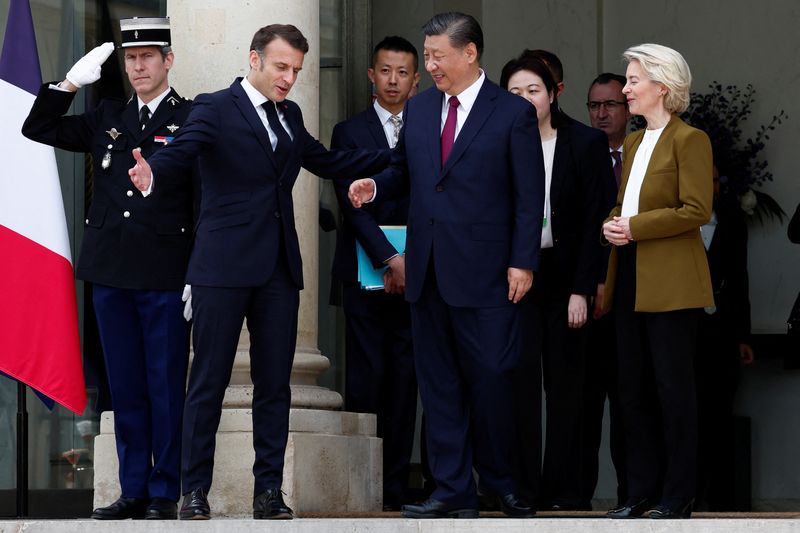 &copy; Reuters. French President Emmanuel Macron and European Commission President Ursula von der Leyen accompany China's President Xi Jinping as he leaves after a trilateral meeting at the Elysee Palace in Paris as part of the Chinese president's two-day state visit in 