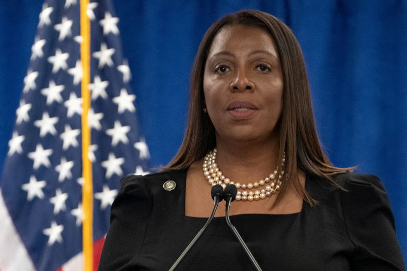 &copy; Reuters. FILE PHOTO: New York Attorney General Letitia James holds a press conference following a ruling against former U.S. President Donald Trump ordering him to pay $354.9 million and barring him from doing business in New York State for three years, in the Man
