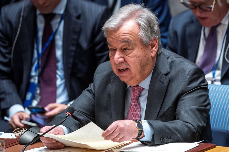 &copy; Reuters. الأمين العام للأمم المتحدة أنطونيو جوتيريش يتحدث إلى الدول الأعضاء في مجلس الأمن التابع للمنظمةفي نيويورك يوم 18 أبريل نيسان 2024. تصوير: إدوا