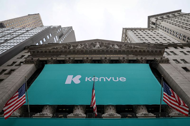 &copy; Reuters. The company logo for Kenvue Inc. Johnson & Johnson's consumer-health business, is displayed on during the company's IPO at the New York Stock Exchange (NYSE) in New York City, U.S., May 4, 2023.  REUTERS/Brendan McDermid/File Photo