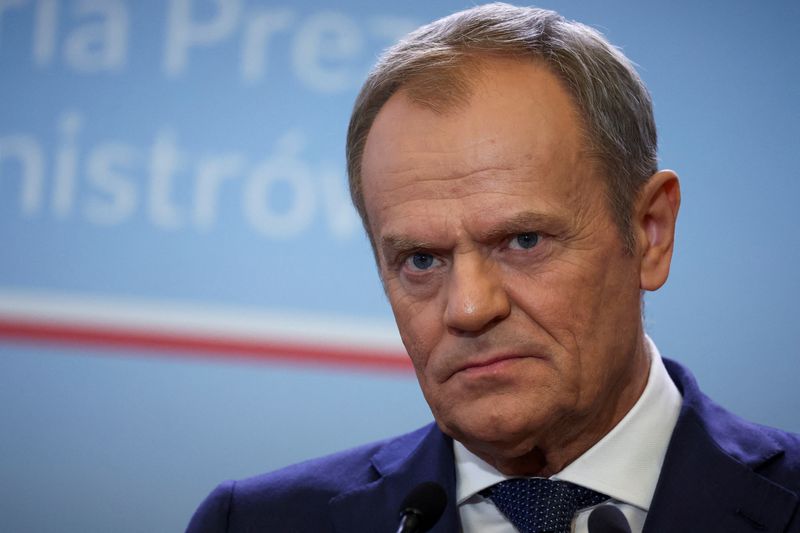 &copy; Reuters. FILE PHOTO: Polish Prime Minister Donald Tusk looks on during a press conference with Danish Prime Minister Mette Frederiksen in Warsaw, Poland, April 15, 2024. REUTERS/Kacper Pempel/File Photo