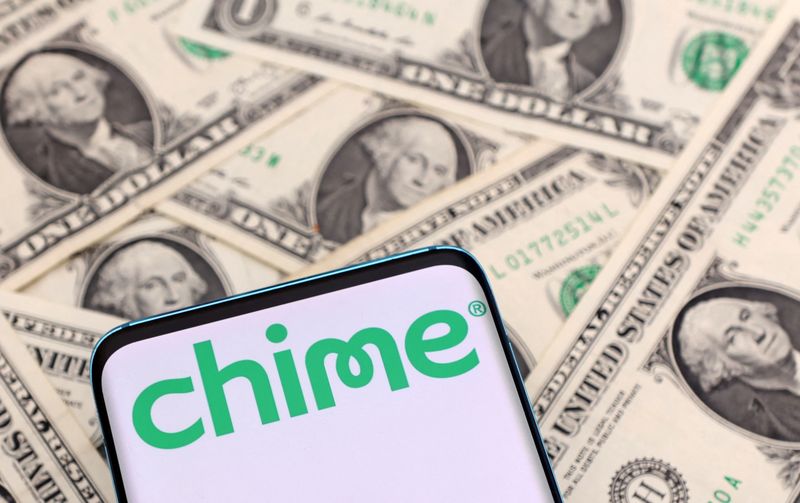 &copy; Reuters. The Chime logo is seen on a smartphone placed on U.S. dollars banknotes in this illustration taken January 24, 2022. REUTERS/Dado Ruvic/Illustration/File Photo