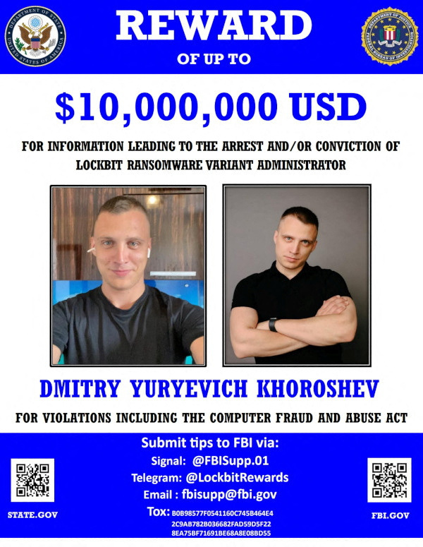 © Reuters. A wanted poster released by law enforcement shows a reward for an alleged member of the cybercrime gang LockBit, Dmitry Yuryevich Khroroshev. U.S. law enforcement/Handout via REUTERS