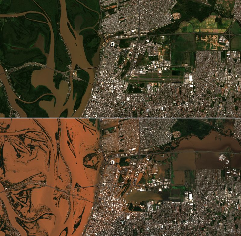 &copy; Reuters. Combinação de imagens de satélite antes e depois de alagamento em Porto Alegre
União Europeia/Copernicus Sentinel-2/Divulgação via REUTERS