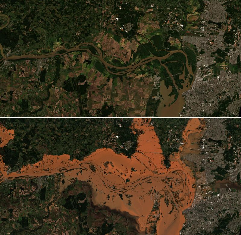 © Reuters. Combinação de imagens de satélite antes e depois do alagamento em Porto Alegre provocado por chuva recorde
21/04/2024
União Europeia/Copernicus Sentinel-2/Divulgação via REUTERS