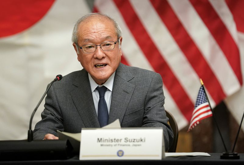 &copy; Reuters. FILE PHOTO: Japanese Finance Minister Shunichi Suzuki speaks during a meeting with U.S. Treasury Secretary Janet Yellen and Korean Finance Minister Choi Sang-mok on the sidelines of the IMF/G20 meetings, at the U.S. Treasury in Washington, U.S., April 17,