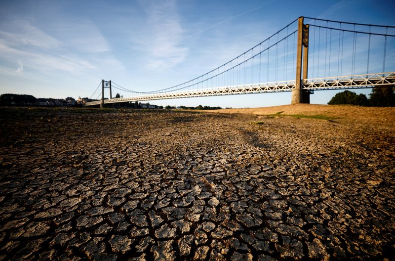 &copy; Reuters. FILE PHOTO: Cracked and dry earth is seen in the wide riverbed of the Loire River near the Anjou-Bretagne bridge as a heatwave hits Europe, in Ancenis-Saint-Gereon, France, June 13, 2022. REUTERS/Stephane Mahe/File Photo