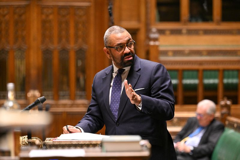 © Reuters. FILE PHOTO: British Home Secretary James Cleverly makes a statement on the publication of the Part 1 Angiolini Inquiry report at the House of Commons in London, Britain February 29, 2024. UK Parliament/Maria Unger/Handout via REUTERS/File Photo