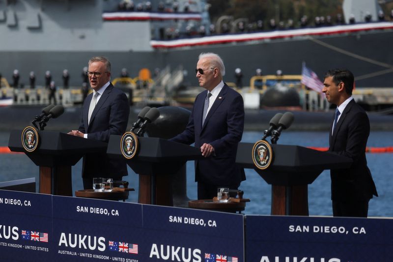 &copy; Reuters. FILE PHOTO: U.S. President Joe Biden, Australian Prime Minister Anthony Albanese and British Prime Minister Rishi Sunak deliver remarks on the Australia - United Kingdom - U.S. (AUKUS) partnership, after a trilateral meeting, at Naval Base Point Loma in S
