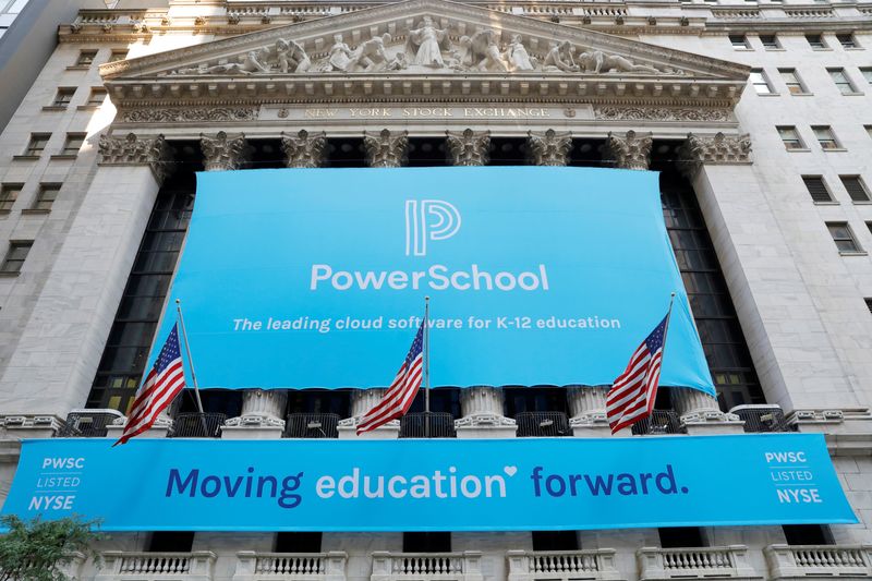 &copy; Reuters. Signage for PowerSchool (NYSE:PWSC) is seen ahead of their Initial public offering (IPO) at the New York Stock Exchange (NYSE) in New York City, New York, U.S., July 28, 2021. REUTERS/Andrew Kelly/File photo
