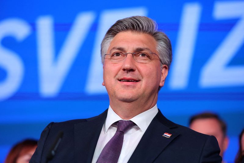 &copy; Reuters. FILE PHOTO: Andrej Plenkovic,  Prime Minister of Croatia, reacts to the preliminary results of the country's parliamentary election, in Zagreb, Croatia, April 18, 2024. REUTERS/Antonio Bronic/File Photo