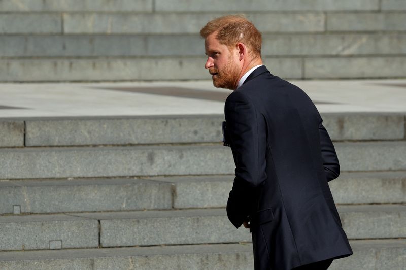 &copy; Reuters. Britain's Prince Harry arrives to attend the Invictus Games Foundation 10th Anniversary Service of Thanksgiving at St Paul’s Cathedral, in London, Britain, May 8, 2024. REUTERS/Toby Melville