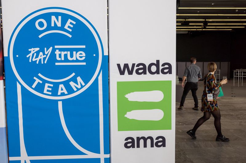 &copy; Reuters. FILE PHOTO: A WADA logo is seen at the World Anti-Doping Agency (WADA) Symposium in Lausanne, Switzerland, March 12, 2024. REUTERS/Denis Balibouse