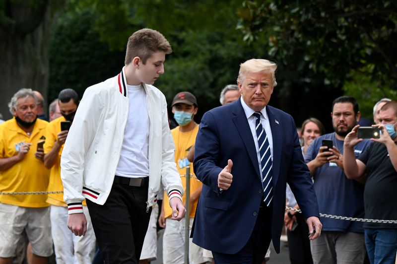 &copy; Reuters. FILE PHOTO: U.S. President Donald Trump and his son Barron walk to the White House from Marine One in Washington, U.S. August 16, 2020. REUTERS/Erin Scott/File Photo