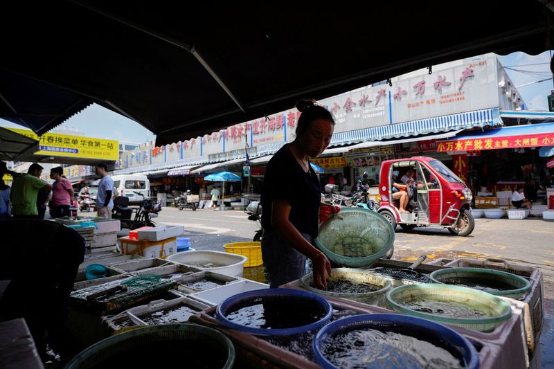 &copy; Reuters. FILE PHOTO: A vendor works at her stall at a seafood market in Shanghai, China August 25, 2023. REUTERS/Aly Song/File Photo