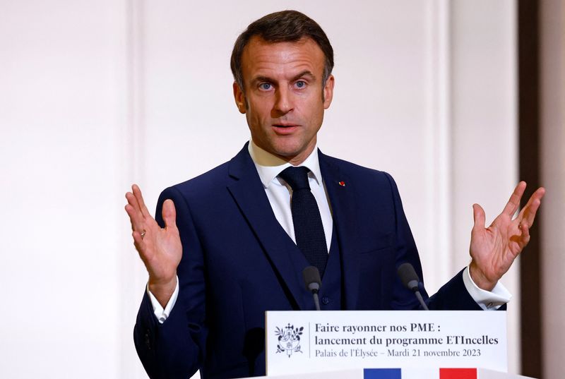 &copy; Reuters. FILE PHOTO: French President Emmanuel Macron gestures as he delivers a speech during a meeting with heads of Small and Medium Enterprises (PME), members of professional federations and local elected officials to launch of the new ETIncelles program to win