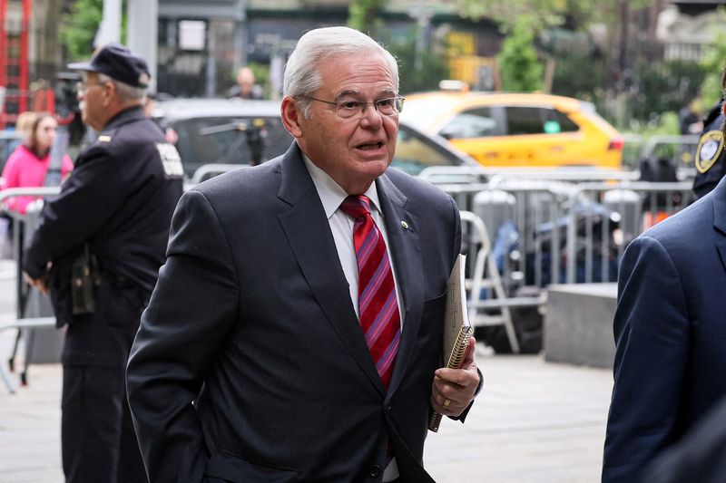 &copy; Reuters. FILE PHOTO: U.S. Senator Robert Menendez (D-NJ) arrives at Federal Court, for the start of his bribery trial in connection with an alleged corrupt relationship with three New Jersey businessmen, in New York City, U.S., May 13, 2024. REUTERS/Brendan McDerm