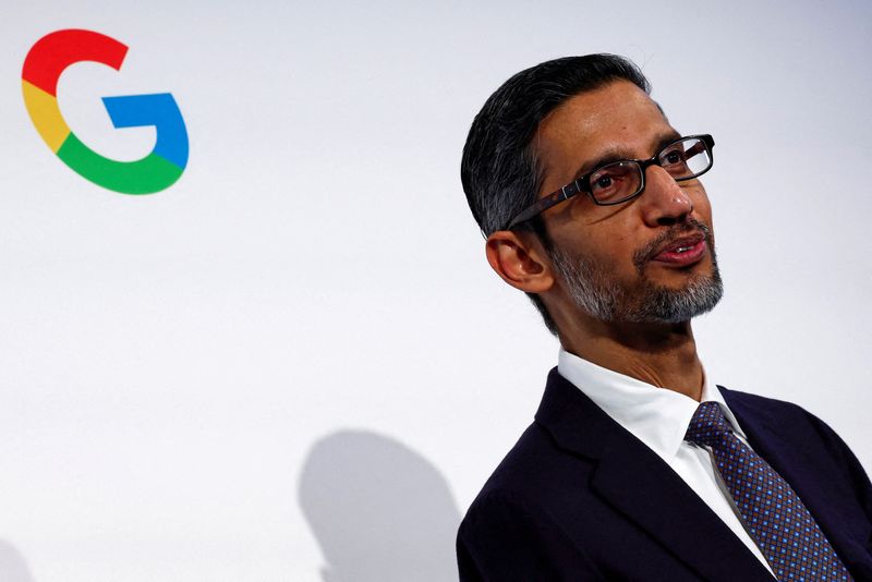 &copy; Reuters. FILE PHOTO: Sundar Pichai, CEO of Google and Alphabet, delivers a speech during the inauguration of a new hub in France dedicated to the artificial intelligence (AI) sector, at the Google France headquarters in Paris, France, February 15, 2024.  REUTERS/G