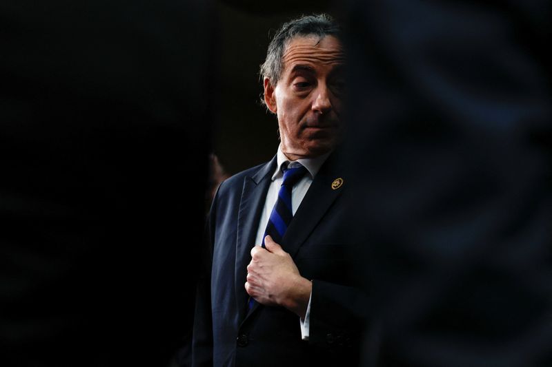 &copy; Reuters. FILE PHOTO: Ranking Member U.S. Representative Jamie Raskin (D-MD) looks on during a press conference as Hunter Biden, son of U.S. President Joe Biden, attends a closed deposition with members of the Republican-led House Oversight Committee conducting an 
