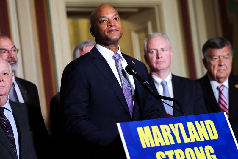 &copy; Reuters. Maryland Governor Wes Moore speaks alongside members of the Maryland congressional delegation and U.S. Transportation Secretary Pete Buttigieg during a press conference regarding the recent collapse of Baltimore, Maryland's Francis Scott Key Bridge, on Ca