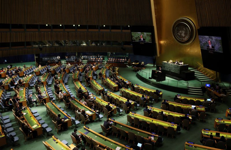 &copy; Reuters. North Korea's Ambassador to the United Nations Kim Song speaks during a meeting of the U.N. General Assembly after China and Russia vetoed new sanctions on North Korea in the U.N. Security Council, at U.N. headquarters in New York City, New York, U.S., Ju