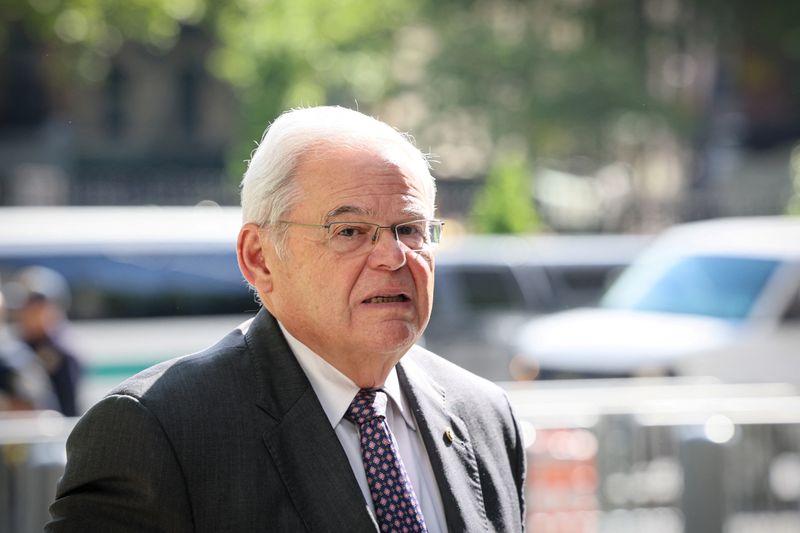&copy; Reuters. FILE PHOTO: U.S. Senator Robert Menendez (D-NJ), arrives at Federal Court, for his bribery trial in connection with an alleged corrupt relationship with three New Jersey businessmen, in New York City, U.S., May 14, 2024.  REUTERS/Brendan McDermid/File Pho