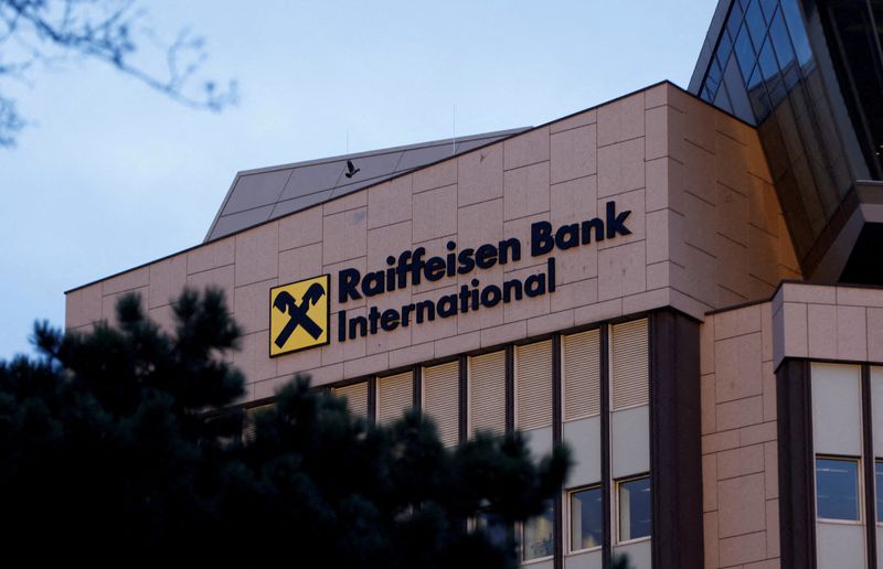 &copy; Reuters. FILE PHOTO: The logo of Raiffeisen Bank International (RBI) is seen on their headquarters in Vienna, Austria, March 14, 2023. REUTERS/Leonhard Foeger/File Photo