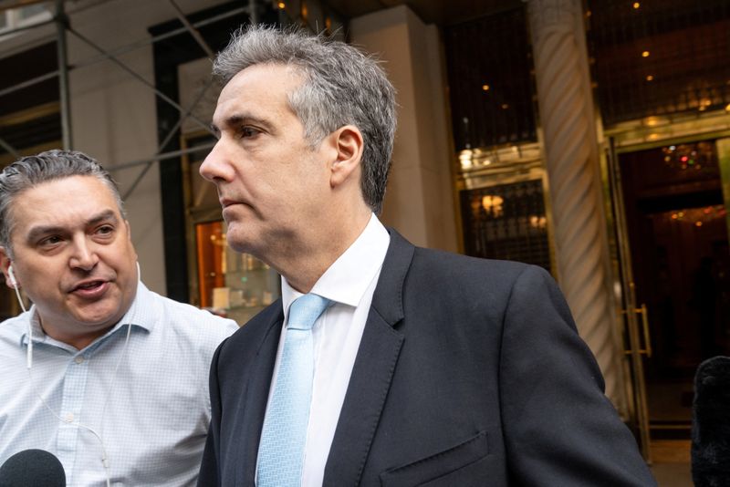 &copy; Reuters. FILE PHOTO: Michael Cohen a former attorney for Republican presidential candidate and former U.S. President Donald Trump, departs to testify at Trump's criminal trial, over charges that he falsified business records to conceal money paid to silence porn s