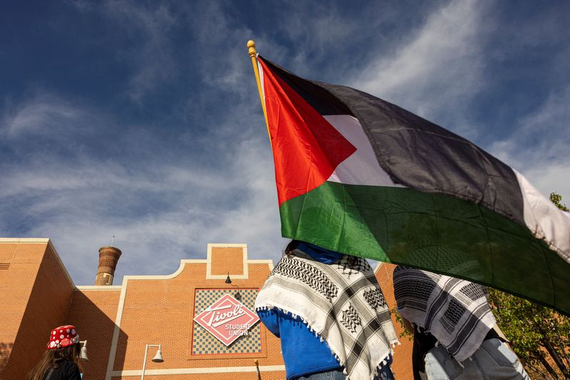 &copy; Reuters. Protesters raise the Palestinian flag outside the student union on the Auraria Campus in Denver, Colorado, U.S., May 14, 2024.  REUTERS/Kevin Mohatt