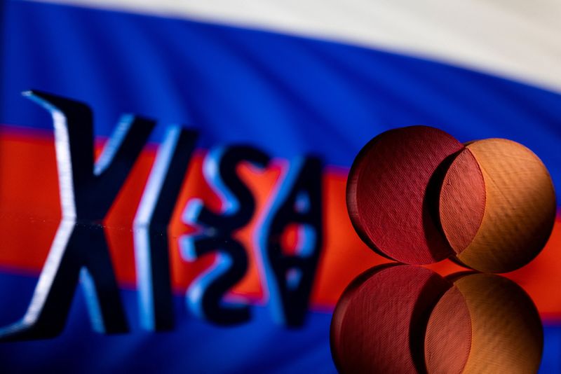 © Reuters. FILE PHOTO: Visa and Mastercard logos are seen in front of Russian flag in this illustration taken March 1, 2022. REUTERS/Dado Ruvic/Illustration/File Photo