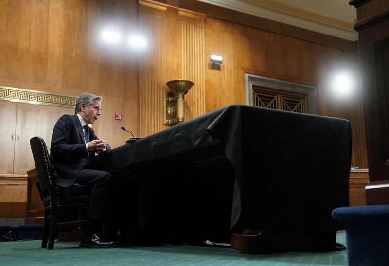 © Reuters. U.S. Secretary of State Antony Blinken testifies before a Senate Foreign Relations Committee hearing on President Biden's proposed budget request for the Department of State, on Capitol Hill in Washington, U.S., May 21, 2024. REUTERS/Kevin Lamarque