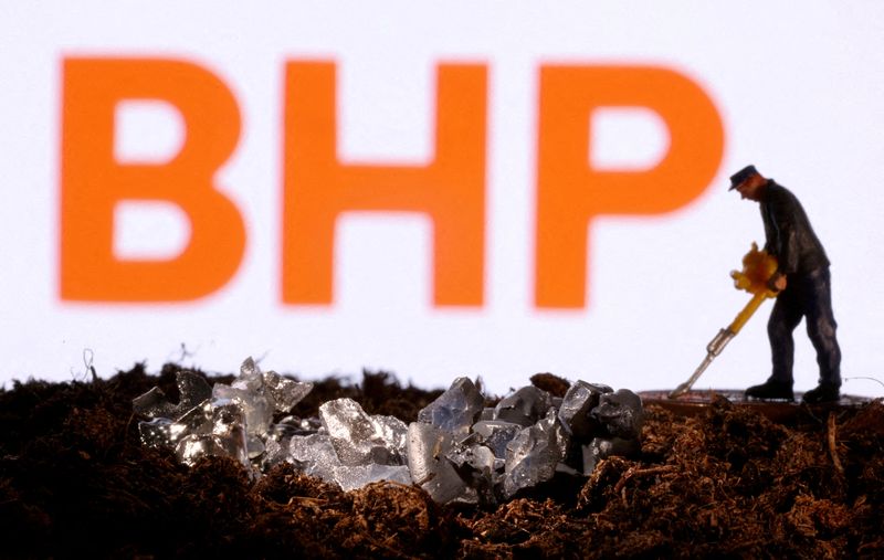 &copy; Reuters. FILE PHOTO: FILE PHOTO: A small toy figure and mineral imitation are seen in front of the BHP logo in this illustration taken November 19, 2021. REUTERS/Dado Ruvic/Illustration/File Photo