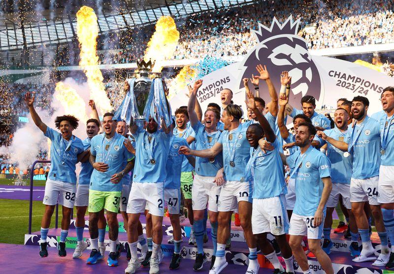 &copy; Reuters. Jogadores do Manchester City celebram título da Premier Leaguen 19/5/2024    Action Images via Reuters/Lee Smith