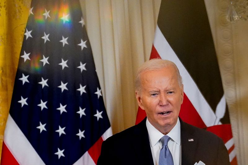 © Reuters. U.S. President Joe Biden speaks during a joint press conference with Kenyan President William Ruto at the White House in Washington, U.S., May 23, 2024. REUTERS/Elizabeth Frantz