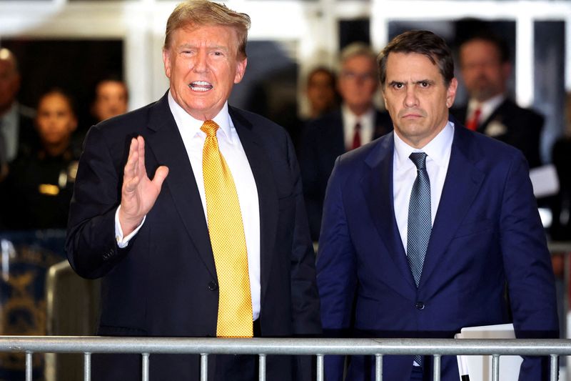 &copy; Reuters. FILE PHOTO: Former U.S. President Donald Trump speaks at the end of the day alongside his attorney Todd Blanche during his hush money trial at Manhattan Criminal Court in New York City, New York, U.S., May 21, 2024.  Michael M. Santiago/Pool via REUTERS/F