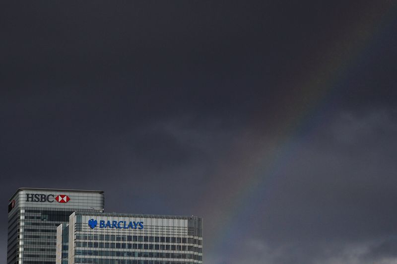 &copy; Reuters. FILE PHOTO: A rainbow appears over HSBC and Barclay's buildings in the Canary Wharf financial district of London, Britain, November 19, 2018. REUTERS/Toby Melville/File Photo