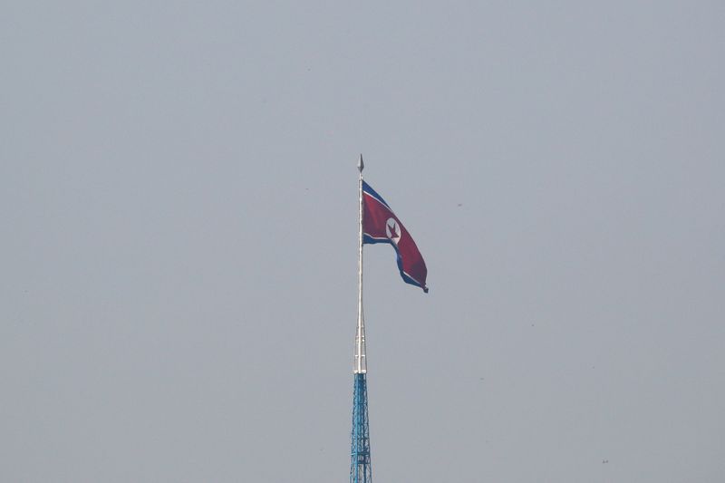&copy; Reuters. FILE PHOTO: A North Korean flag flutters on top of the 160-metre tall tower at North Korea's propaganda village of Gijungdong, in this picture taken from Tae Sung freedom village near the Military Demarcation Line (MDL), inside the demilitarised zone sepa