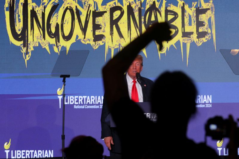 &copy; Reuters. Former U.S. President and Republican presidential candidate Donald Trump speaks at the Libertarian Party's national convention in Washington, D.C, U.S., May 25, 2024. REUTERS/Brian Snyder