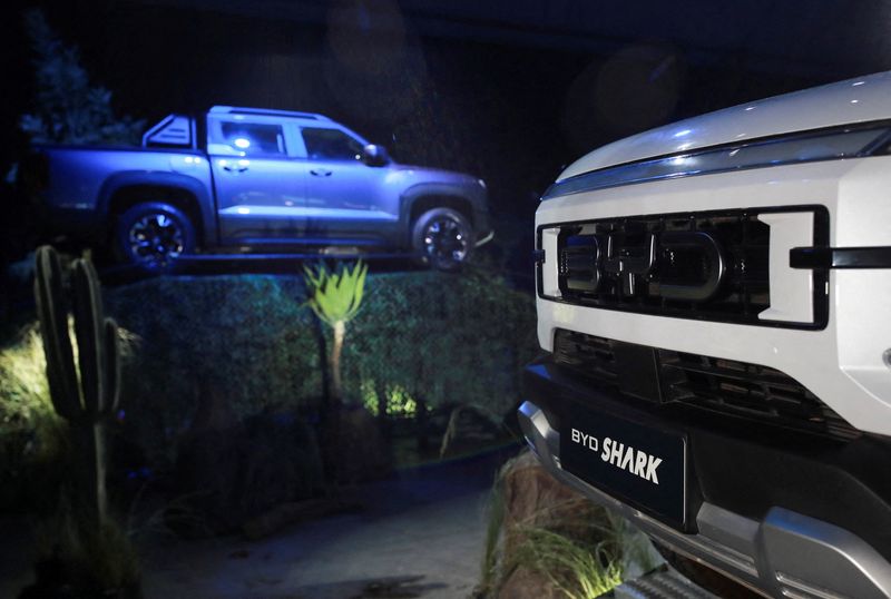 &copy; Reuters. FILE PHOTO: The BYD Shark is displayed on the day Chinese EV maker BYD launches its new truck, on the Mexican market in an event in Mexico City, Mexico May 14, 2024. REUTERS/Henry Romero/File Photo