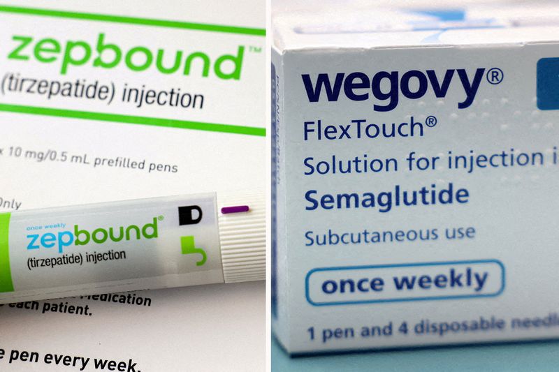 &copy; Reuters. A combination image shows an injection pen of Zepbound, Eli Lilly's weight loss drug, and boxes of Wegovy, made by Novo Nordisk. REUTERS/Hollie Adams/Brendan McDermid/Combination