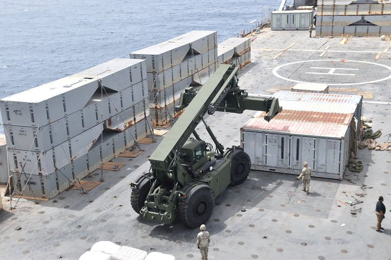 &copy; Reuters. FILE PHOTO: U.S. Navy personnel construct a JLOTS, which stands for "Joint Logistics Over-the Shore" temporary pier which will provide a ship-to-shore distribution system to help deliver humanitarian aid into Gaza, in an undated handout picture in the Med