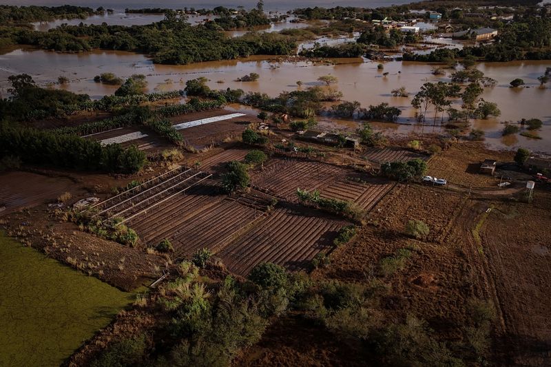 &copy; Reuters. Vista aérea de plantações, casas e ruas alagadas em Eldorado do Sul, no Rio Grande do Suln17/05/2024 nREUTERS/Amanda Perobelli