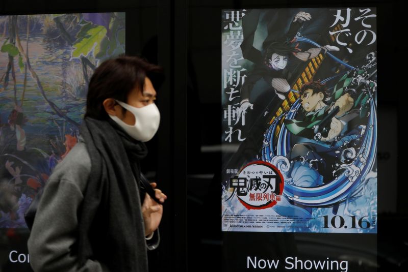 © Reuters. A man wearing a protective mask amid the coronavirus disease (COVID-19) outbreak walks past a poster for an animated movie 