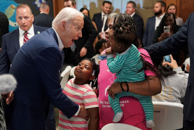 © Reuters. U.S. President Joe Biden greets Andrea Dyess and her family during an event held at a community center in Racine County, Wisconsin, U.S., May 8, 2024. REUTERS/Kevin Lamarque/ File Photo